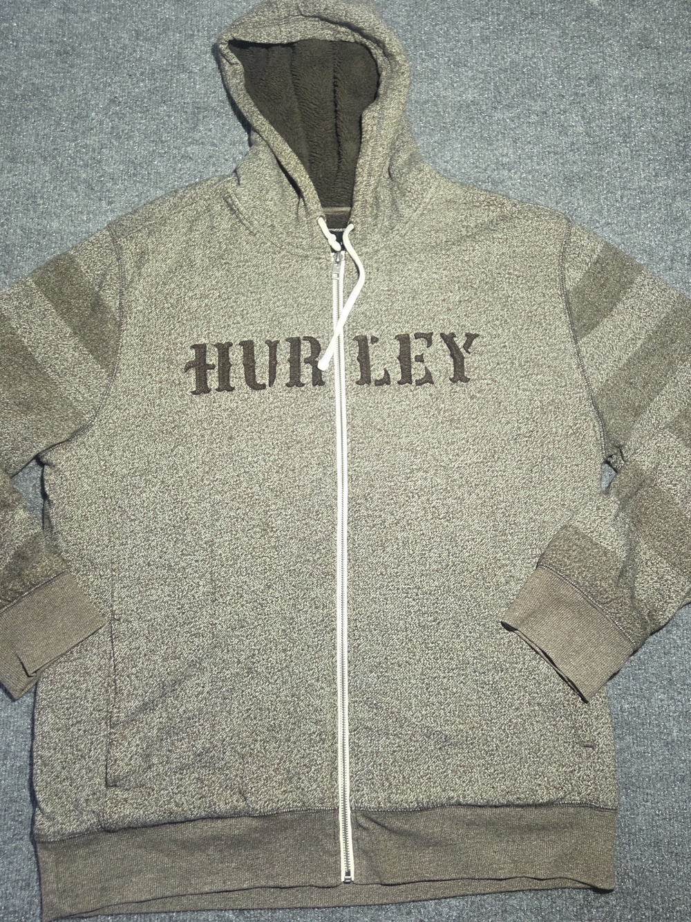 Hurley Men's Sherpa-Lined Full-Zip Hoodie Sweater Gray Striped Sleeves XL